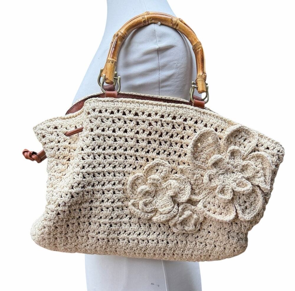 Patricia Nash Cantinella Natural Crochet Floral Bamboo Handle Bag